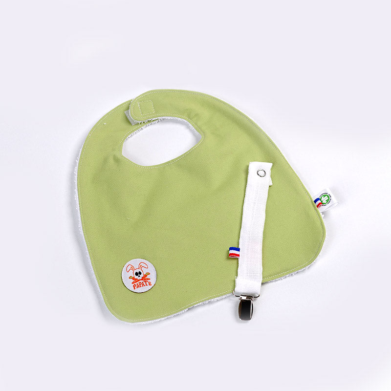 Vendbar økologisk hagesmæk i bomuld – blød frotté og musselin, fremstillet i Frankrig