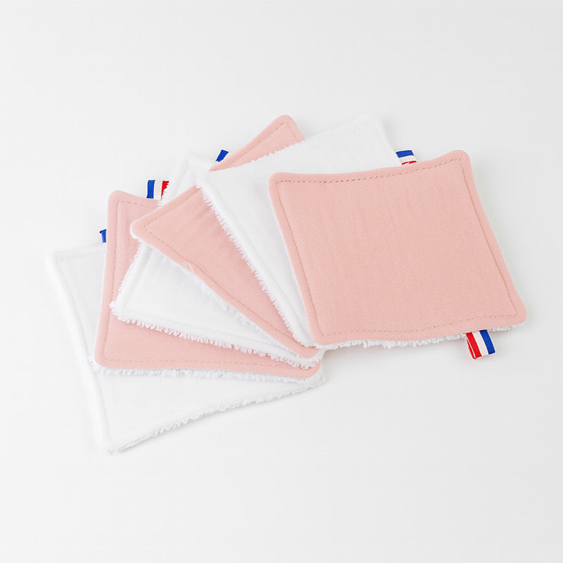 Sæt med seks genanvendelige vaskeklude i økologisk bomuld fra Papate – tre hvide og tre lyserøde, fremstillet i Frankrig